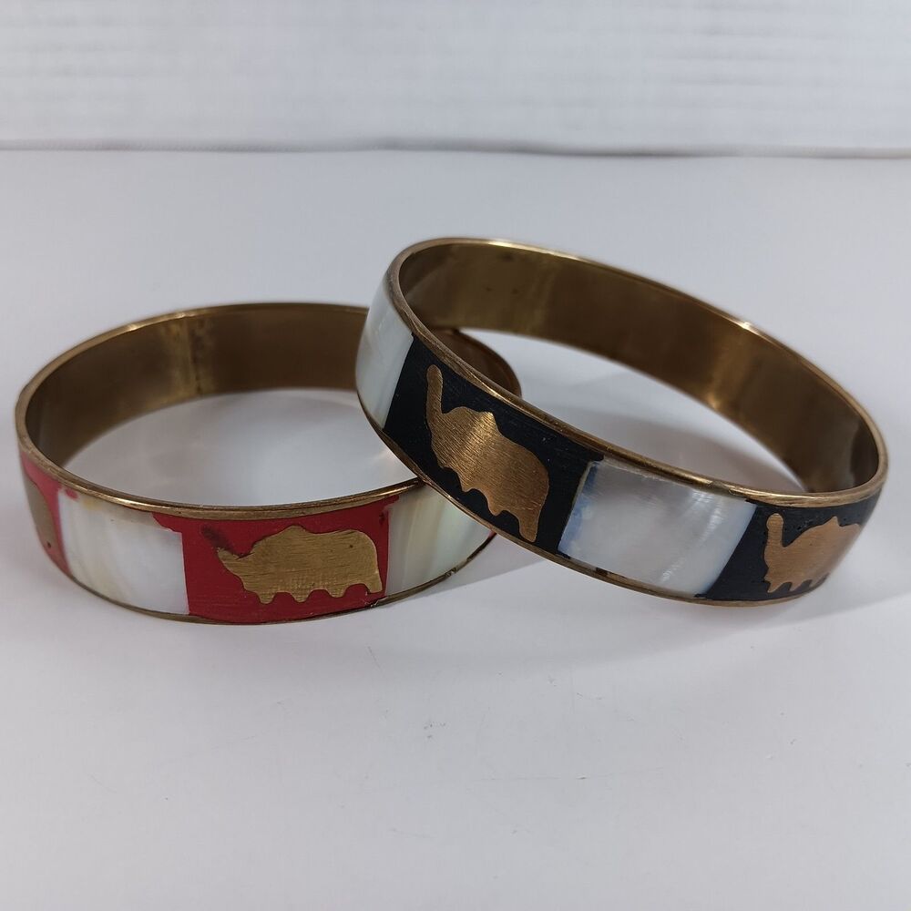 Brass Mother Of Pearl Elephant Bangle Bracelet Trunk Up Good Luck Boho Lot